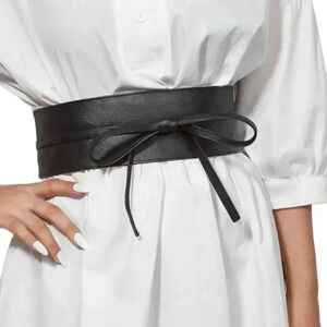 Black Vegan Textured Faux Leather Tie Waist Wide Wrap Corset Belt